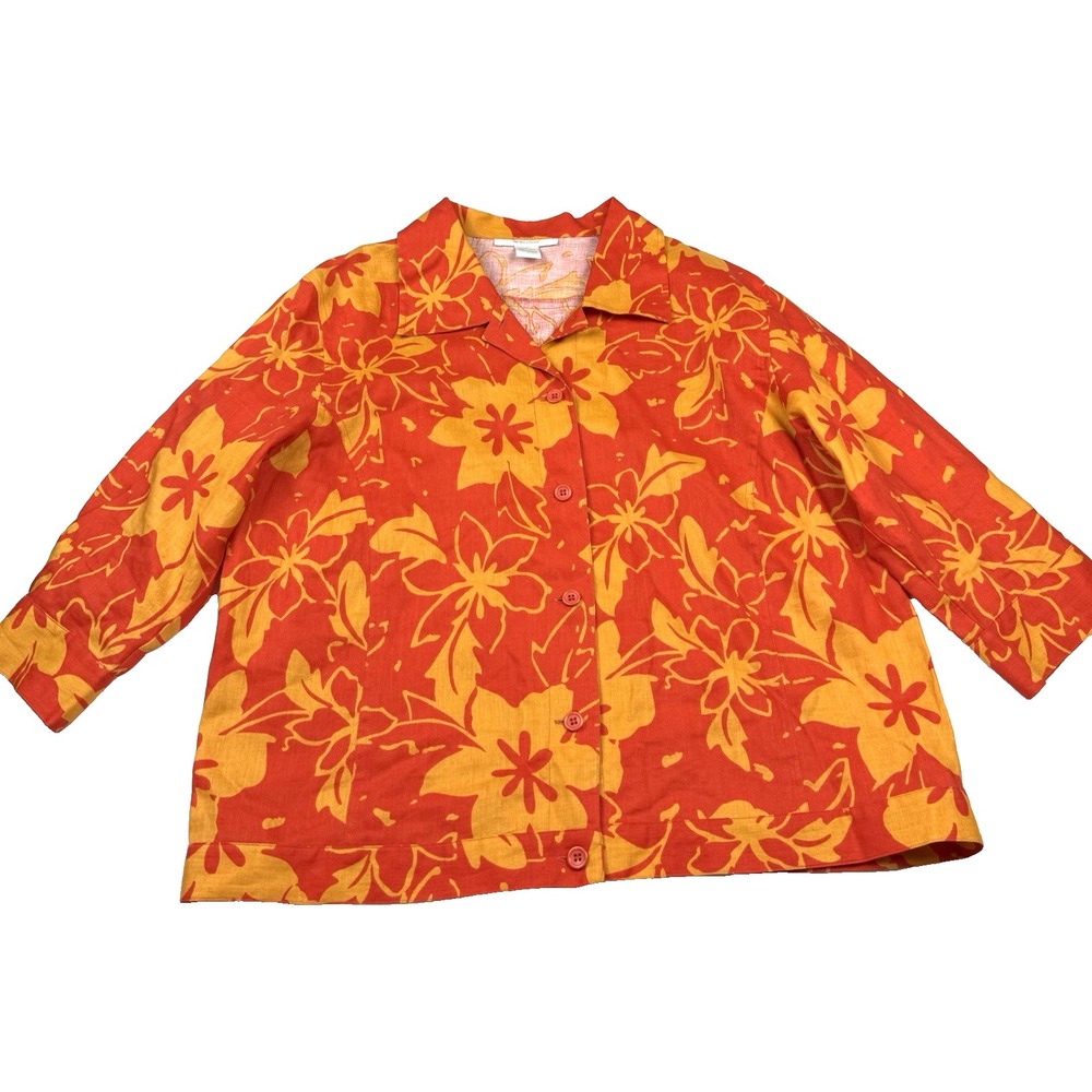 Worlds Apart 100% Linen Women's Size Large Jacket Shirt Tropical Floral Coconut‎